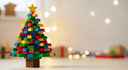 Playful and colorful Christmas tree made from building blocks, adorned with a yellow star, set in a festive holiday scene with blurred lights.