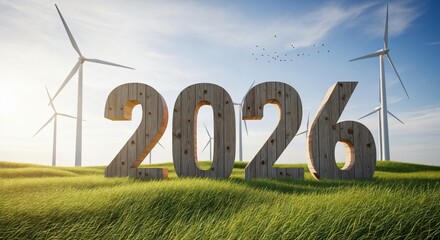 2026 wooden numbers on a green hill with wind turbines under a blue sky, representing future renewable energy goals and environmental sustainability