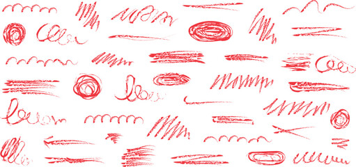  collection of red grunge brush strokes. These vector elements are designed for creative graphic use. 
The set includes various hand-drawn styles such as underlines, scribbles, dashes, and curved line