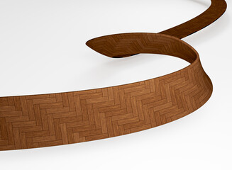 Dynamic wood ribbon with herringbone parquet pattern on white background. 3D illustration