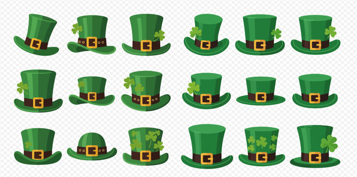 Collection of various green leprechaun hats with shamrocks and buckles, perfect for St. Patrick's Day celebrations.