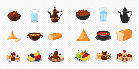 A collection of traditional Middle Eastern food and drink items, including dates, water, coffee, samosas, soup, bread, fruits, and desserts.
