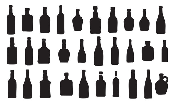 Set of Black silhouettes of alcohol bottles in various shapes, isolated on white background, graphic illustration. concept of beverage container, bar, wine, icon, logo, design element