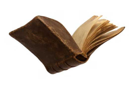 Old open book with weathered leather cover and aged pages, flying on a transparent background, symbolizing knowledge