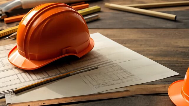 Construction scene features a bright orange helmet, blueprint, and various drafting tools on a wood surface