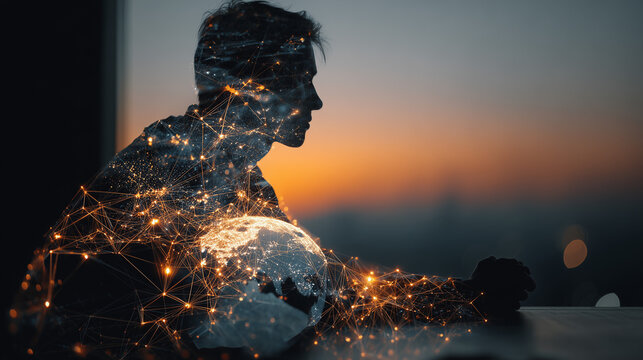 Datafied Human Contemplation: Silhouette Man with Flowing Golden Neural Network and Earth Pattern Integration against Twilight Cityscape, Tech-Philosophy Concept Art