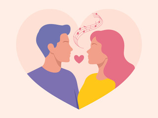 This romantic illustration depicts a couple in profile, surrounded by a heart shape, expressing love and harmony, accentuated by musical notes symbolizing their connection.