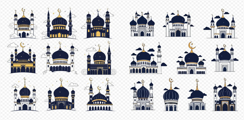 Collection of various mosque illustrations with domes and minarets, featuring Islamic architecture designs and religious symbols.