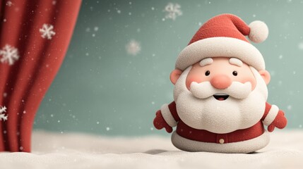 Cute 3D Santa Claus peeking from red curtain with snow
