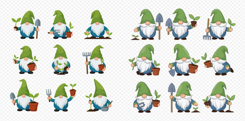 Collection of cute cartoon garden gnomes engaged in various gardening activities with tools and plants on a transparent background.