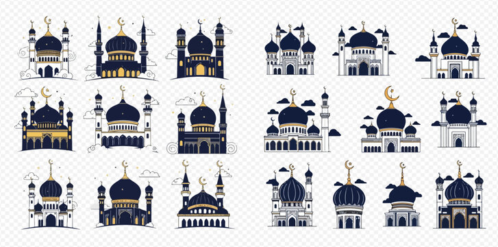 Collection of various mosque illustrations with domes and minarets, featuring Islamic architecture designs and religious symbols.