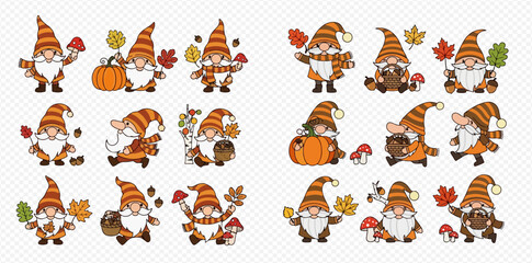 A collection of cute autumn gnomes illustrations, each holding fall leaves, pumpkins, mushrooms, and acorns, perfect for seasonal decorations and designs.