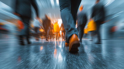 Obraz premium Urban Commuter Steps: Close-up of Dark Pants and Leather Shoes in Motion with Motion Blur Crowd Background, City Rhythm Photography