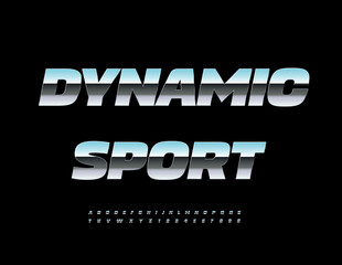 Vector Silver emblem Dynamic Sport. Cool Metallic Font. Trendy Alphabet Letters and Numbers set. 