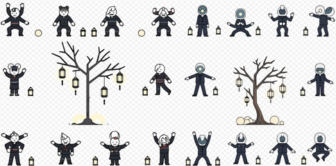 Collection of diverse cartoon figures and trees with lanterns, depicting a festive or celebratory scene.