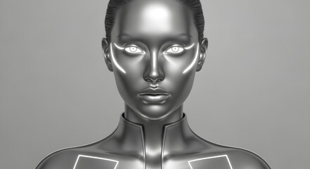 Enigmatic representation of advanced artificial intelligence as a sleek, futuristic humanoid with glowing cybernetic implants, embodying cutting-edge digital technology and potential