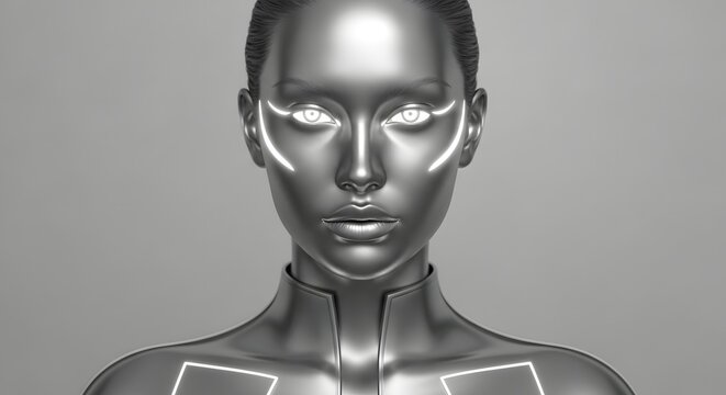 Enigmatic representation of advanced artificial intelligence as a sleek, futuristic humanoid with glowing cybernetic implants, embodying cutting-edge digital technology and potential