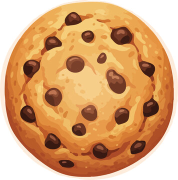 A close-up illustration of a chocolate chip cookie against a clean white background, showcasing its golden brown color and dark chocolate chips.