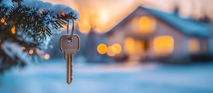 Concept of home and real estate ownership with a golden key hanging in front of the house. - Powered by Adobe