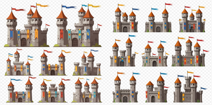 Collection of various cartoon medieval castles with towers, flags, and gates, featuring different designs for fantasy games or storybooks.