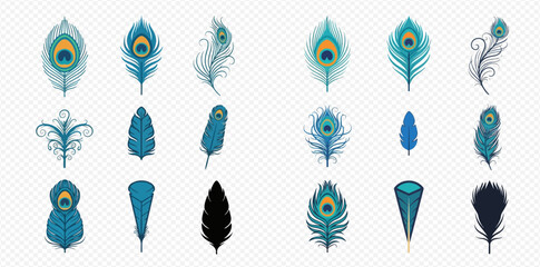 A collection of various blue and teal peacock feathers and decorative bird plumes.