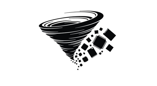 Abstract digital vortex with scattered squares symbolizing data flow and chaos