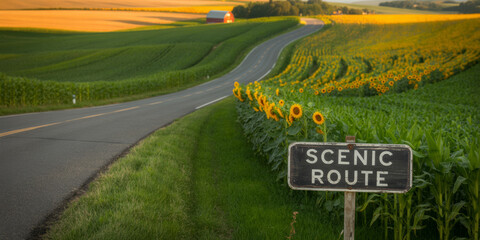 A winding road through fields of sunflowers and corn with a Scenic Route sign.