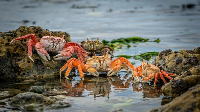 A group of vibrant orange and pink crabs gather on rocky tide pools by the ocean.