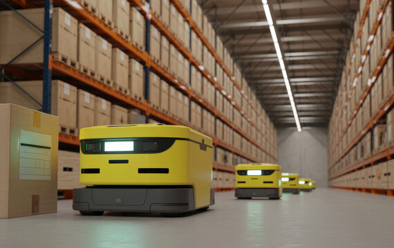 Autonomous robots navigate a warehouse aisle lined with tall shelves of boxes.