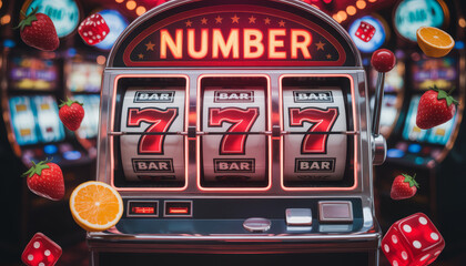 Lucky sevens displayed on a slot machine surrounded by strawberries and dice suggesting a casino win.