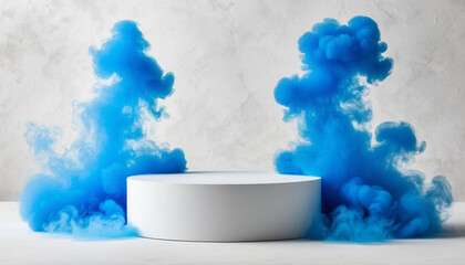 Abstract Blue Smoke Over White Podium Modern Composition