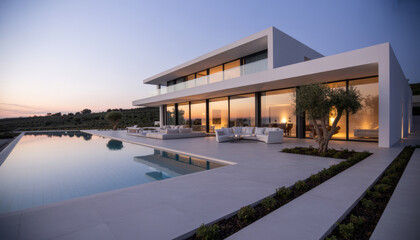 Obraz premium Modern villa with infinity pool at sunset reflecting the warm glow of the interior lights and the evening sky.