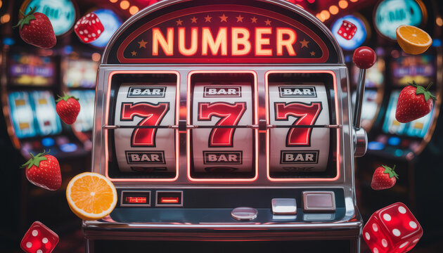 Lucky sevens displayed on a slot machine surrounded by strawberries and dice suggesting a casino win.