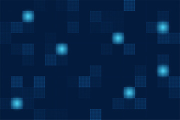 Dark blue abstract background with a seamless halftone pixel pattern, Features dotted squares and glowing light spots, Represents data, tech and connectivity