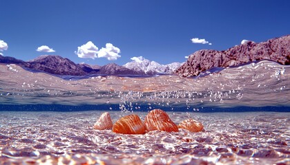 A split-level view shows colorful pebbles submerged in clear, shallow water, with a mountain range visible above the waterline under a bright blue sky with fluf