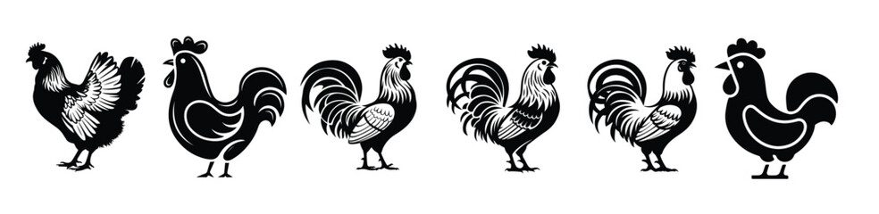 Set of Black and White Silhouettes of Roosters and Hens