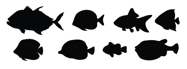 set of black silhouettes of fish