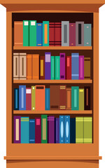 Classic wooden bookshelf displays a vibrant collection of colorful books and binders, ideal for libraries, home studies, or any book lover's space