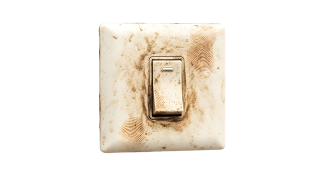 Dirty light switch with fingerprints and smudges isolated on clean white background, realistic grime, HD PNG.