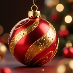 a red and gold christmas ball on a wooden table