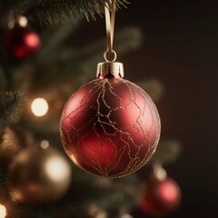 a red and gold christmas ornament hanging from a tree