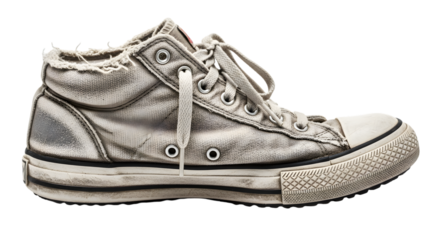 Isolated old running shoe with dust, scratches, and worn fabric, placed on white background, high-detail, focused PNG.