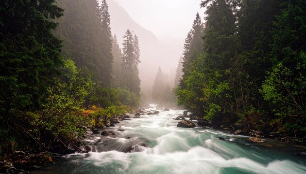 A powerful river flows through a dense, misty evergreen forest, with the water appearing turquoise and white.
