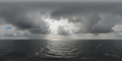 Seascape where sunlight pierces through ominous storm clouds - Equirectangular 360 degree landscape