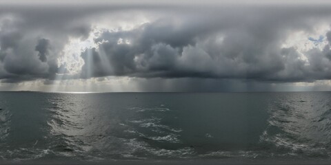 Seascape where sunlight pierces through ominous storm clouds - Equirectangular 360 degree landscape