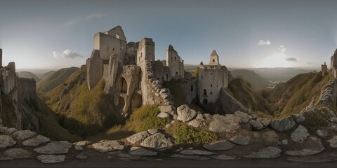 Fantasy Majestic ancient castle ruins - Equirectangular 360 degree landscape
