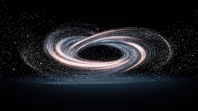 A dynamic, swirling vortex of light particles and dust forms a ring shape against a deep black background, illuminated by soft white and pink hues.