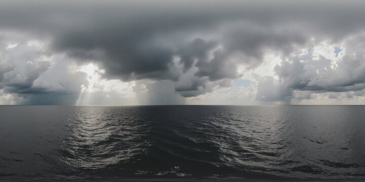 Seascape where sunlight pierces through ominous storm clouds - Equirectangular 360 degree landscape