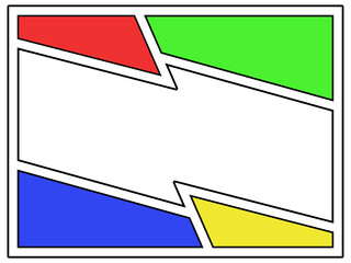 A dynamic comic book page panel layout with four colorful blocks and a white center split. Perfect for creating energetic, pop art backgrounds for text and graphics