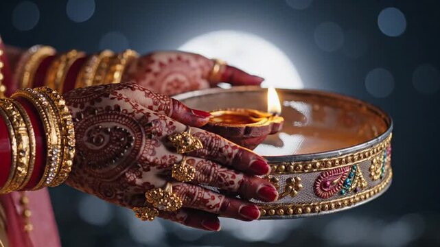 Traditional Karva Chauth Pooja Hands Holding Diya Against Full Moon